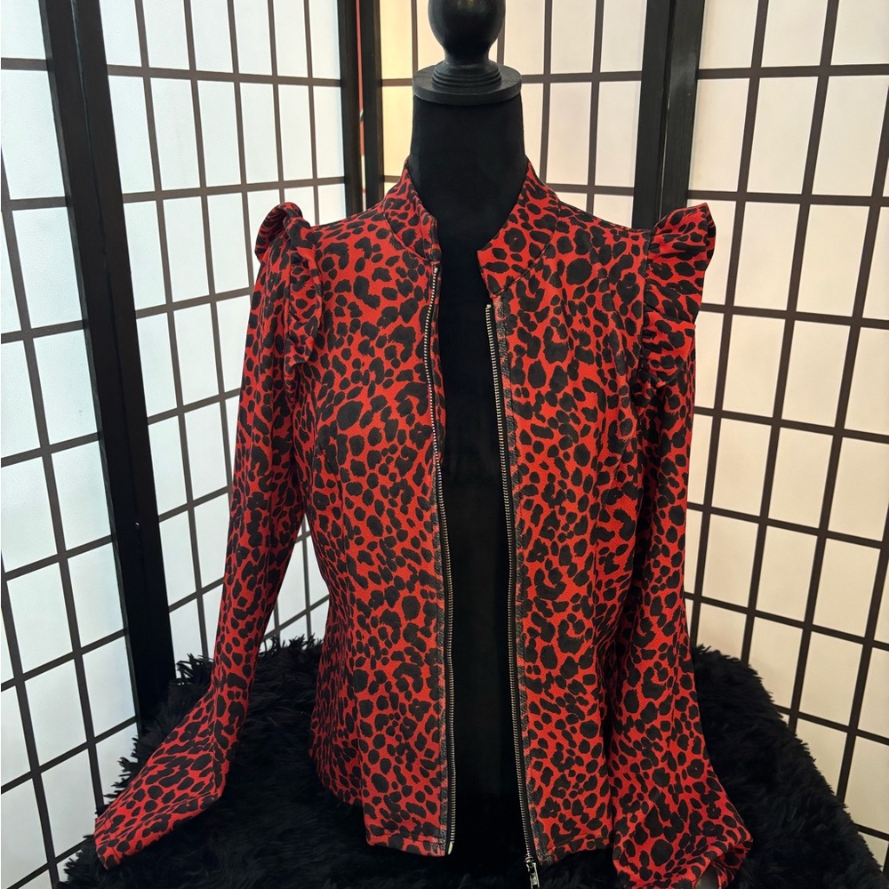 SHEIN Red & Black Leopard Print Zip-Front Blazer
